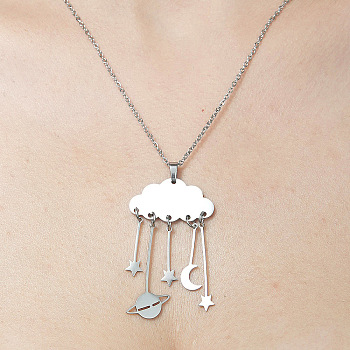 201 Stainless Steel Cloud with Planet Pendant Necklace, Stainless Steel Color, 17.72 inch(45cm)