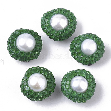 12mm Green Flat Round Polymer Clay+Glass Rhinestone Beads