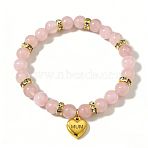 Mother's Day Natural Rose Quartz Round Beads Stretch Bracelets, 304 Stainless Steel Charm Bracelets for Women, Heart with Word Mama, Golden, 7.48 inch(19cm)(FS-WG258A5-04)