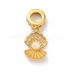 925 Sterling Silver Pave Clear Cubic Zirconia European Dangle Charms, Shell Shape Large Hole Pendants with White Round Plastic Imitation Pearl, Golden, 20mm, Hole: 4mm(STER-G049-02G)