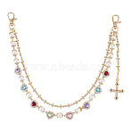 Alloy & Imitation Pearl & Colorful Acrylic Rhinestone Heart Link Double Layer Chains for Pants, with Cross Charms, Light Gold, 437mm(AJEW-ME0002-81)