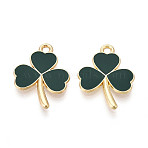 Saint Patrick's Day Alloy Enamel Pendants, Clover Charms, Golden, Dark Green, 21x16x1.5mm, Hole: 1.8mm(ENAM-T023-08B)
