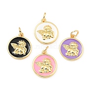 Brass Enamel Pendants, with Jump Rings, Cadmium Free & Lead Free, Real 18K Gold Plated, Flat Round with Angel, Mixed Color, 18.5mm, Hole: 3.5mm(KK-G416-38G)