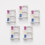 Brass Cubic Zirconia Slide Charms, Real Platinum Plated, Colorful, Letter, Letter.E, 19x13x4mm, Hole: 1x1mm and 1x5mm(ZIRC-S063-01E-P)