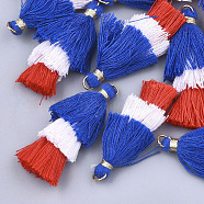 Polycotton(Polyester Cotton) Tassel Pendant Decorations, with Iron Findings, Golden, Colorful, 39~40x19~26x6~7mm, Hole: 4mm(FIND-T018-27)