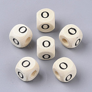 Printed Natural Wood Beads, Horizontal Hole, Cube with Initial Letter, PapayaWhip, Letter.O, 10x10x10mm, Hole: 3.5mm(X-WOOD-T026-001O)