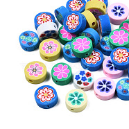 Handmade Polymer Clay Beads, Flat Round with Flower, Mixed Color, 9~10x4~4.5mm, Hole: 1.2~1.8mm(CLAY-N011-56)