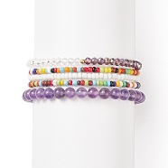 Faceted Glass & Natural Amethyst Stretch Beaded Bracelets Sets, Bohemia Seed Beads Bracelets for Women, Inner Diameter: 2-1/8~2-1/4 inch(5.5~5.8cm), 5pcs/set(BJEW-TA00202-04)