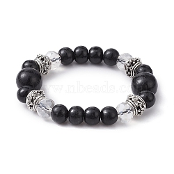 Natural Wood & Glass Round Beaded Stretch Bracelet, Black, Inner Diameter: 2 inch(5cm)(BJEW-JB09697)