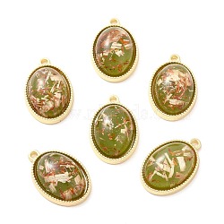 Resin Foil Pendants, with Light Gold Tone Alloy Findings, Oval, Olive, 23.5x15.5x7.5mm, Hole: 1.6mm(RESI-D054-01LG-04)
