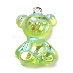Transparent Resin Pendants, Iridescent Bear Charms with Platinum Plated Iron Loops, Light Green, 24.5~25.5x17~18x8~8.5mm, Hole: 1.8mm(RESI-M033-01H)