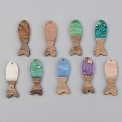 Resin & Walnut Wood Pendants, Fish, Mixed Color, 37.5x12x3mm, Hole: 2mm(RESI-S389-054A)