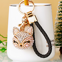 Full Rhinestone Pearl Fox Head Pendant Keychain, with Zinc Alloy Findings and Polyester Cord, for Women's Bag Pendant Decorations, Black, 100mm(WG98948-03)