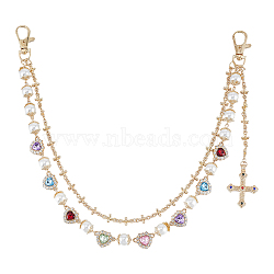 Alloy & Imitation Pearl & Colorful Acrylic Rhinestone Heart Link Double Layer Chains for Pants, with Cross Charms, Light Gold, 437mm(AJEW-ME0002-81)