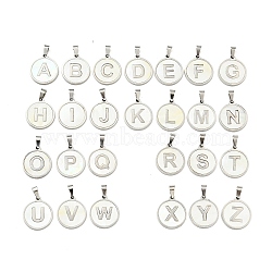 304 Stainless Steel with White Shell Pendants, Stainless Steel Color, Flat Round with Letter Charm, Letter A~Z, 18x16x1.5mm, Hole: 3x6mm(STAS-G268-01-P)