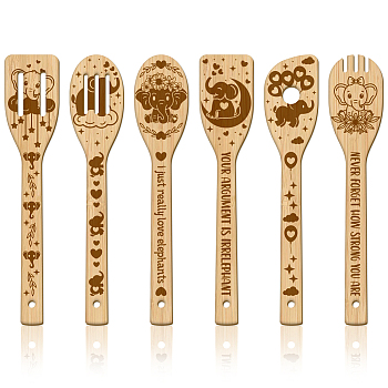 6Pcs Bamboo Spoons & Knifes & Forks, Flatware for Dessert, Elephant, 60x300mm, 6 style, 1pc/style, 6pcs/set