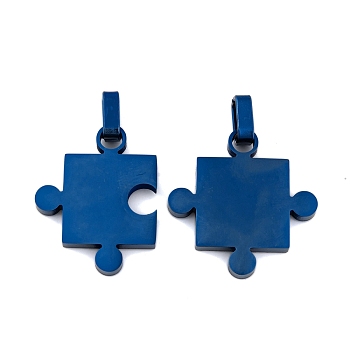 304 Stainless Steel Split Pendants, Couples Charm, Puzzle Charm, Blue, 27.5x22x3mm, Hole: 6.5x3.5mm