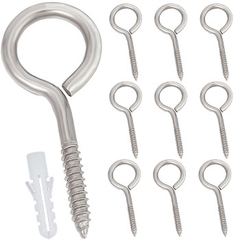10 Sets 304 Stainless Steel Eye Bolts Screw in Hooks, Self Tapping Heavy Duty Hooks, with Plastic Nuts, Stainless Steel Color, 65x26.5x5mm, Hole: 18mm, Pin: 5mm