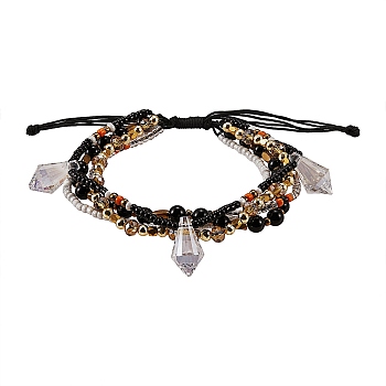 Sparkling Glass Seed Beads 5 Layered Anklet, Natural Black Onyx & Non-magnetic Synthetic Hematite Beads Anklet, Diamond Pointed Clear Beads Anklet for Women, Golden, Inner Diameter: 2-1/2~4-1/4 inch(6.5~10.8cm)