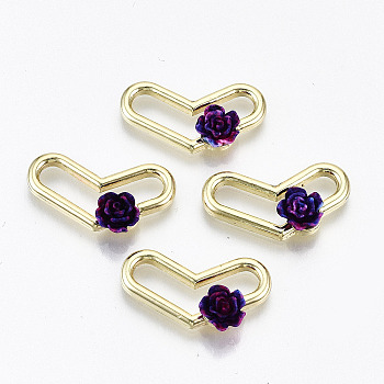 Rack Plating Open Back Bezel, For DIY UV Resin, Epoxy Resin, Pressed Flower Jewelry, with Resin, Cadmium Free & Nickel Free & Lead Free, Heart with Purple 3D Flower, Light Gold, 11x21x5mm