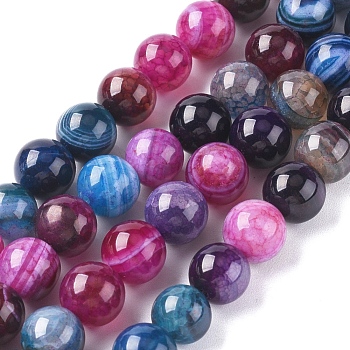 Natural Striped Agate/Banded Agate Beads Strands, Dyed & Heated, Round, Colorful, 10mm, Hole: 1.2mm, about 37pcs/strand, 14.65 inch(37.2cm)