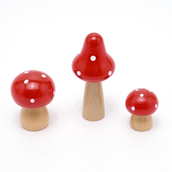 Mushroom Shape Wood Home Ornaments, for Fleshy Bonsai Display Decoration, Red, 25~34x31~73mm, 3pcs/set