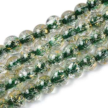 Crackle Transparent Glass Beads Strands, Round, with Gold Foil, Green, 8~8.5mm, Hole: 0.8~0.9mm, about 103~105pcs/strand, 30.51 inch(77.5~78.5cm)