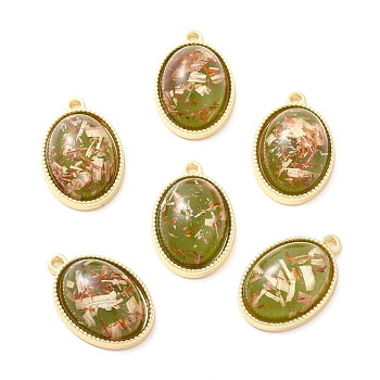 Resin Foil Pendants, with Light Gold Tone Alloy Findings, Oval, Olive, 23.5x15.5x7.5mm, Hole: 1.6mm