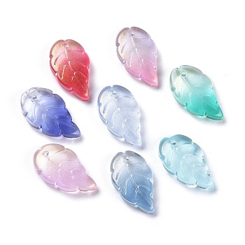 Baking Paint Glass Pendants, Two Tone, with Glitter Gold Powder, Leaf, Mixed Color, 17.5x10x2.9mm, Hole: 1.2mm