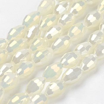 1 Strand Electroplate Glass Beads Strands, Full Pearl Luster Plated, Faceted, Oval, Light Goldenrod Yellow, 6x4mm, Hole: 1mm, about 72pcs/strand, 16 inch