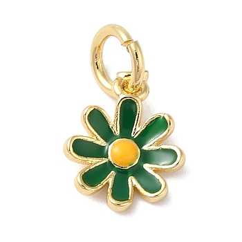 Brass Enamel Charms, with Jump Ring, Long-Lasting Plated, Lead Free & Cadmium Free, Flower Charms, Real 18K Gold Plated, Green, 10x7.5x2mm, Hole: 3mm