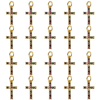 20Pcs Brass Micro Pave Colorful Cubic Zirconia Pendants, Cross, Golden, 16x9x2mm, Hole: 3mm