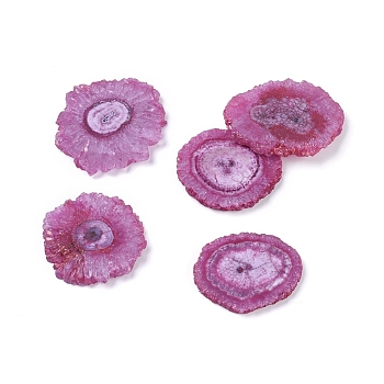 Natural Solar Quartz Beads, Dyed, Druzy Quartz Slices, for Wire Wrapped Pendant Making, No Hole/Undrilled, Nuggets, Medium Violet Red, 38.5~46.5x38~45x4~6.9mm