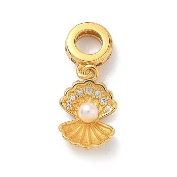 925 Sterling Silver Pave Clear Cubic Zirconia European Dangle Charms, Shell Shape Large Hole Pendants with White Round Plastic Imitation Pearl, Golden, 20mm, Hole: 4mm