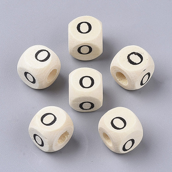 Printed Natural Wood Beads, Horizontal Hole, Cube with Initial Letter, PapayaWhip, Letter.O, 10x10x10mm, Hole: 3.5mm