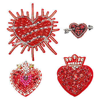 4Pcs 4 Style Heart Shape Rhinestone Appliques, Glass & Felt & Plastic Sew on Aplliques, Costume Accessories, Red, 41.5~161x73~146x7~7.8mm, 1pc/style