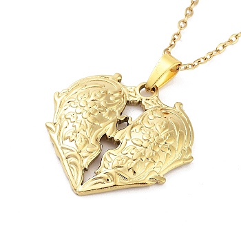 Heart with Flower 304 Stainless Steel Pendant Necklaces, Cable Chain Necklaces for Women, Real 18K Gold Plated, 15.75 inch(40cm), pendant: 25x26.5mm