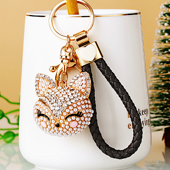 Full Rhinestone Pearl Fox Head Pendant Keychain, with Zinc Alloy Findings and Polyester Cord, for Women's Bag Pendant Decorations, Black, 100mm