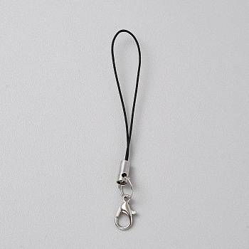 Nylon Rope and Zinc Alloy Lobster Clasp Mobile Straps, with Iron Rings, Black, 7cm
