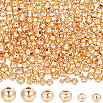 300Pcs 3 Style Rack Plating Brass Beads, Long-Lasting Plated, Round, Real 14K Gold Plated, 3~5x2.5~4mm, Hole: 1~1.5mm, 100pcs/style