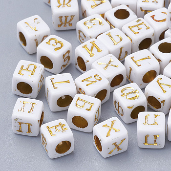 Plated Acrylic Beads, Metal Enlaced, Cube with Russian Alphabet, Golden Plated, 6x6x6mm, Hole: 3.5mm, about 2900pcs/500g