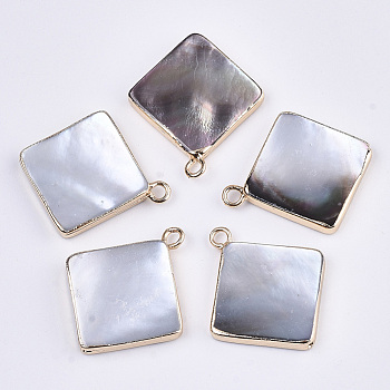 Natural Black Lip Shell Pendants, with Edge Brass Golden Plated and Iron Loops, Half Drilled, Rhombus, 23x21x3.5mm, Hole: 1~1.8mm, Diagonal Length: 23mm, Side Length: 15mm