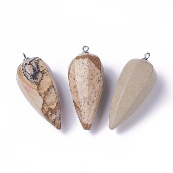 Natural Picture Jasper Pointed Pendants, with Stainless Steel Findings, Cone, Stainless Steel Color, 50~53x19~21mm, Hole: 2mm