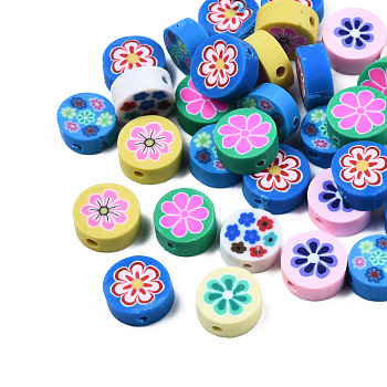 Handmade Polymer Clay Beads, Flat Round with Flower, Mixed Color, 9~10x4~4.5mm, Hole: 1.2~1.8mm