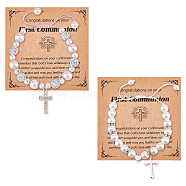 2Pcs 2 Style Cross fleury Charm Bracelets Set, ABS Imitation Pearl Braided Adjustable Bracelets, Platinum, 1-3/4~3-1/4(4.5~8.2cm), 1pc/style(BJEW-FI0001-80)