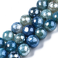 Natural Agate Beads Strands, Pearl Luster Plated, Faceted, Round, Steel Blue, 12mm, Hole: 1.6mm, about 32~34pcs/strand, 13.94~16.06 inch(35.4~40.8cm)(G-Q998-013A)