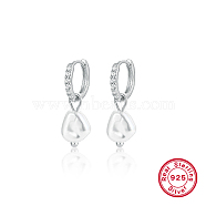 Rhodium Plated 925 Sterling Silver Micro Pave Cubic Zirconia Dangle Hoop Earrings, Natural Pearl Drop Earrings, with 925 Stamp, Platinum, 22x5mm(BN9515-2)