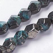 Natural Pyrite Beads Strands, Dyed, Ten Facets, Faceted Round, Cyan, 9~10x8~9x8~10mm, Hole: 1mm, about 20pcs/strand, 8 inch(20.1cm)(G-K181-D02)
