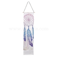 Bohemia Style Linen Wall Hanging Tapestry, Vertical Woven Net/Web with Feather Pattern Tapestry, with Wood Rod & Iron Traceless Nail & Cord, for Home Decoration, Rectangle, Snow, 164cm(DJEW-B006-01B)