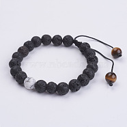 Natural Lava Rock Braided Bead Bracelets, with Natural Howlite, Natural Tiger Eye Beads and Nylon Thread, Black, 1-7/8 inch(49mm)(X-BJEW-JB02954-01)
